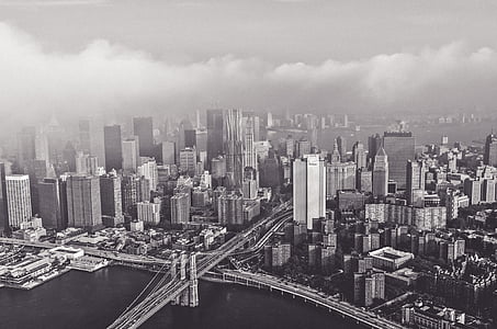 high angle grayscale photo of buildings near body of water thumbnail