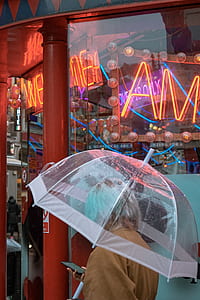 white and clear umbrella in front of store thumbnail