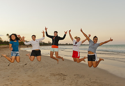 five women jumping on beach thumbnail