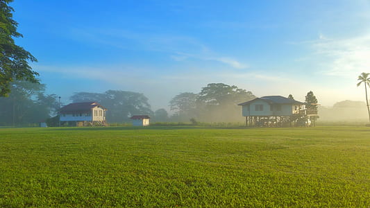 landscape photo of green grass field with two white wooden buildings thumbnail