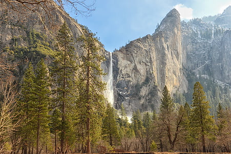 green trees near rocky mountain with falls thumbnail