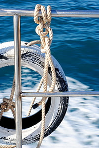 wheeled tied on rope tied on gray metal railing overlooking body of water at daytie thumbnail