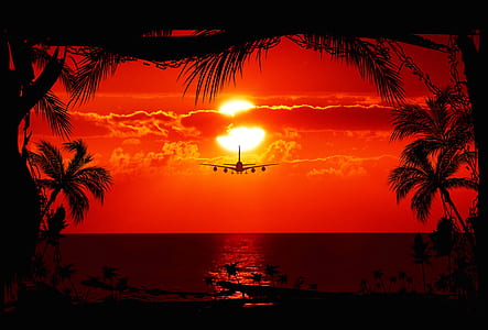 airliner in flight during golden hour thumbnail