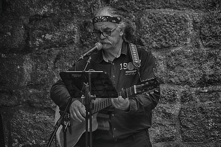 grayscale photo of man playing guitar thumbnail