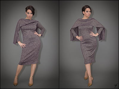 woman in gray crew-neck long-sleeved dress and pair of brown pointed-toe heel shoes outfit collage thumbnail