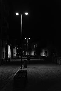 Grayscale Photography of Street Lights Along the Road Between Houses thumbnail