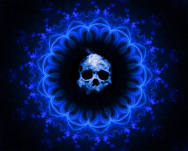 blue skull between flowers wallpaper thumbnail