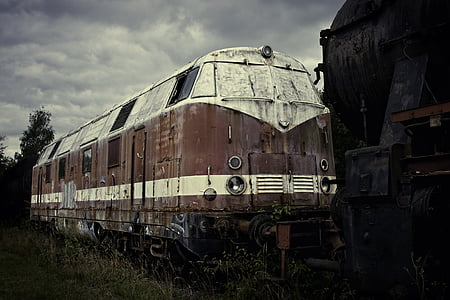 white and red train near green grass field under black sky thumbnail
