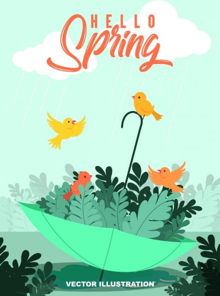 Spring Banner Cute Birds Leaf Umbrella Icons Ai Eps File Free