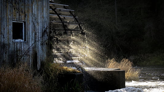 watermill with sun rays wallpaper thumbnail