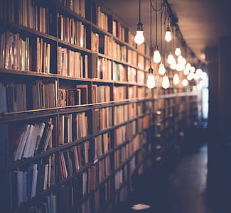 photo of beige light bulbs beside book shelves thumbnail