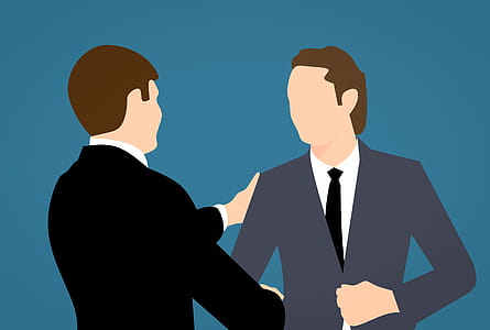 Illustration of two men shaking hands after a job interview or business meeting. Business setting. thumbnail