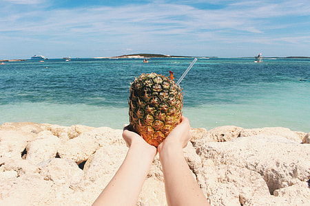 person holding pineapple with straw on beach shore thumbnail
