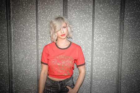 Woman Wearing Red and Gray Crew-neck T-shirt thumbnail