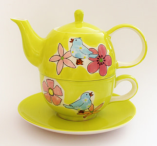 green-red-and-blue bird and flower print teacup and teapot set thumbnail