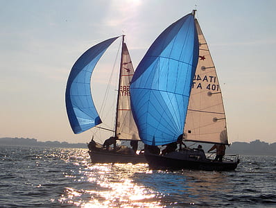 two brown-and-blue sailboats on body of water under blue and gray skies thumbnail
