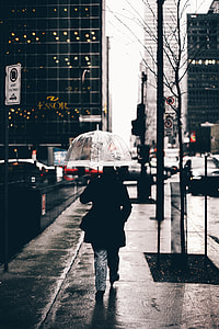person walking on street while holding clear umbrella thumbnail