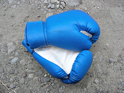 pair of blue boxing gloves on gray surface thumbnail