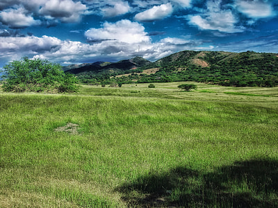 green filed and mountain under blue sky thumbnail