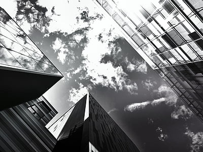 low-angle view of curtain wall building in grayscale photography thumbnail