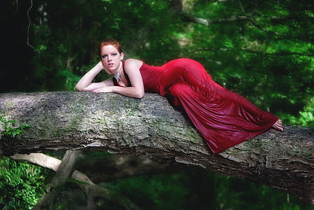 woman in red gown lying on tree log thumbnail