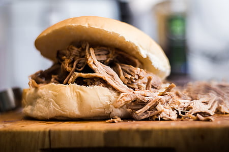 meat sandwich on wooden table thumbnail
