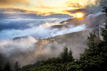 mountain with fog during sun rise thumbnail