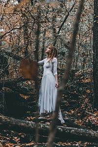 woman wearing gray dress facing upwards inside forest during daytime thumbnail