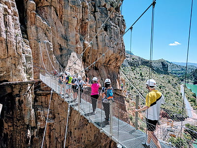 people walking on metal suspension bridge thumbnail