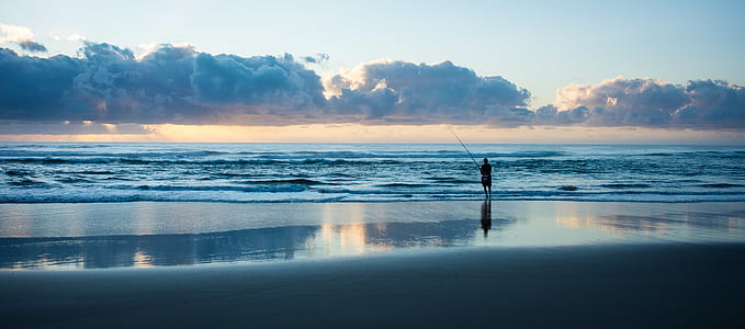 silhouette of person holding fishing rod standing on seashore at daytime thumbnail