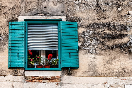 blue wooden window with red flowers thumbnail