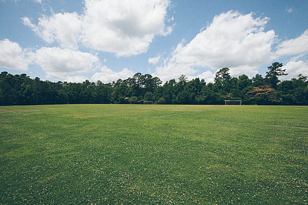 green grass field under white cumulus clouds thumbnail