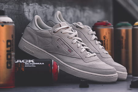 pair of gray Reebok Classic shoes on table near spray cans thumbnail