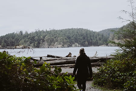 person standing between plants near logs and water at daytime thumbnail