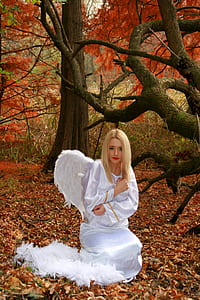 blonde-hair woman in angel dress near tree thumbnail