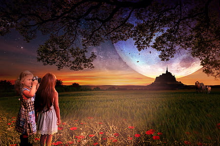 two girls standing near tree illustration thumbnail