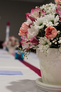 white, pink and orange mums, Peruvian lily and baby's-breath flowers in white vase thumbnail
