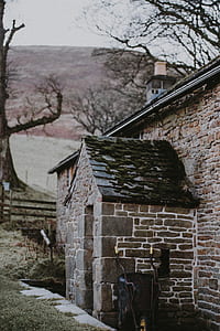 brown brick house near trees during daytime thumbnail