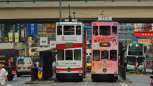 two double deck bus under bridge thumbnail
