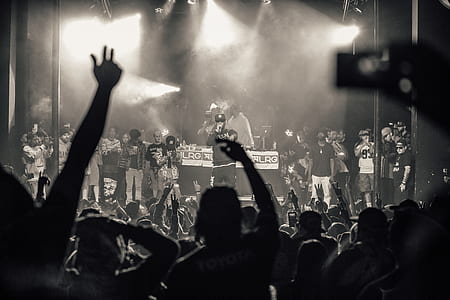 grayscale photo of people on concert thumbnail