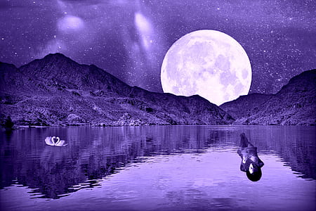 purple filter photograph of full moon and lake thumbnail