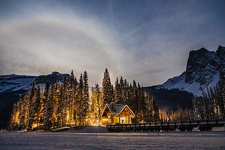 brown wooden house during nighttime thumbnail