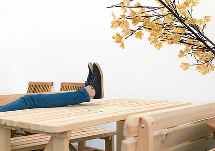human feet on wooden table near white leaf tree thumbnail