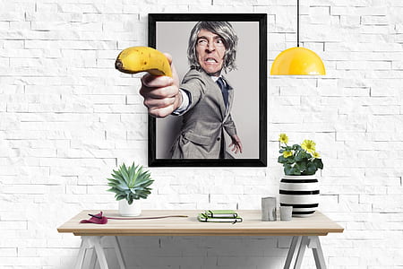 3D painting of man holding ripe banana thumbnail