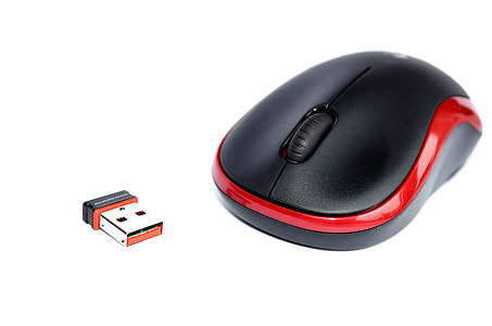 black and red wireless mouse and thumb drive thumbnail