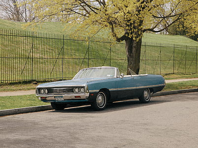 blue convertible coupe parked on roadside near tree thumbnail