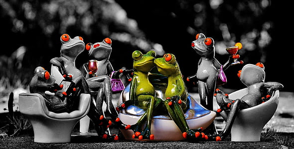 gray and green frogs figurine selective color photography thumbnail
