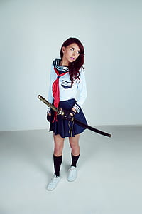 Woman Wearing School Uniform Samurai Outlook Carrying Katana thumbnail