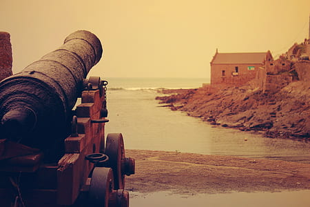 cannon facing the ocean and house during golden hour thumbnail