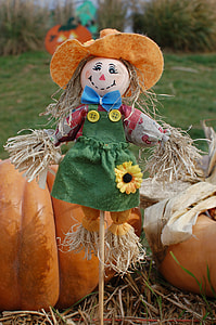 girl scarecrow near pumpkin decor during daytime thumbnail